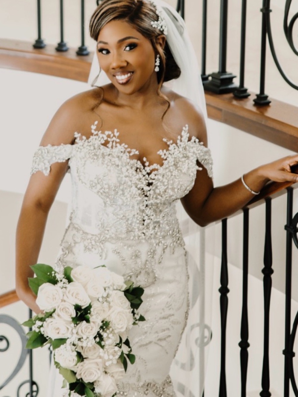 Pantora Off-Shoulder Beaded White Bridal Gown.
